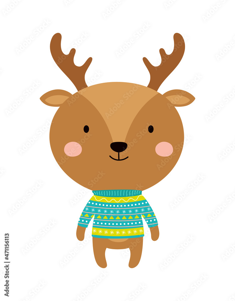 cute deer in sweater isolated, cartoon animals cute deer in sweater isolated, cartoon animals