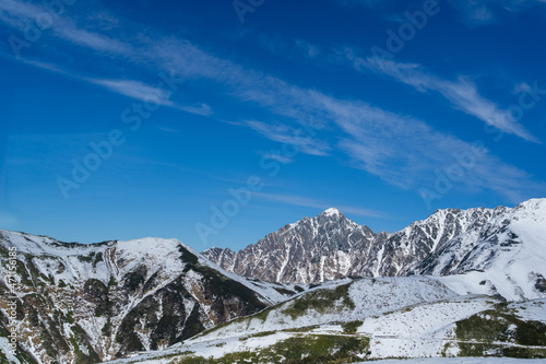 富山県立山町にある立山の冬の雪景色のある風景 Landscape with snowy winter scenery of Tateyama in Tateyama Town, Toyama Prefecture, Japan.