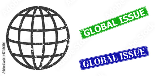 Grunge global icon and rectangular corroded Global Issue stamp. Vector green Global Issue and blue Global Issue seals with corroded rubber texture, designed for global illustration.