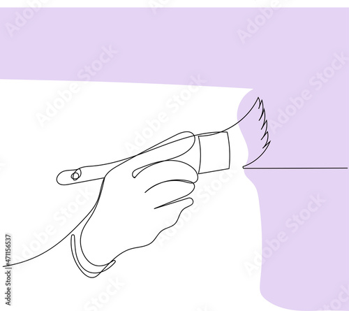 Continuous one line drawing of human hand holds paint brushes with paint can, floor painting, blank space for your text, banner, advertisement or your design minimal outline. Vector illustration