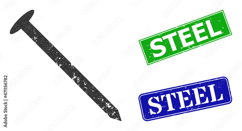 Grunge steel nail icon and rectangle rubber Steel seal. Vector green