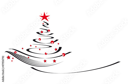 weihnachtsbaum aus schwarzen linien mit roten sternen und kugeln