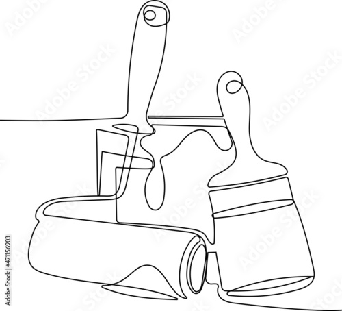 Continuous one line drawing of wall painter tool brush roller bucket tools set paint pink redecoration equipment decoration workers. Outline minimal concept. Vector illustration. Vector illustration