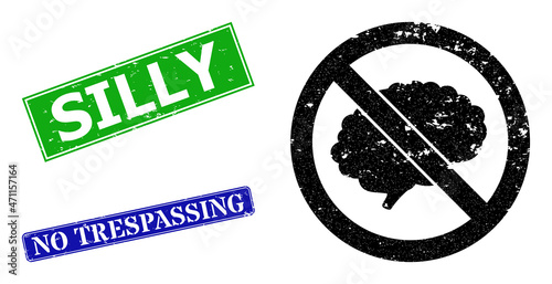 Grunge brainless icon and rectangle unclean Silly seal. Vector green Silly and blue No Trespassing seals with unclean rubber texture, designed for brainless illustration.