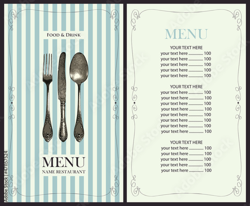 Vector menu for a restaurant with price list and cutlery in retro style. Food and drink menu template decorated with a beautiful old silverware in a frame with curls on a striped background