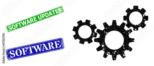 Grunge gear mechanism icon and rectangular corroded Software Updates stamp. Vector green Software Updates and blue Software imprints with grunge rubber texture,