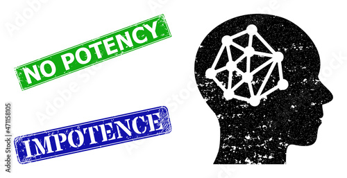 Grunge human barin network icon and rectangle unclean No Potency stamp. Vector green No Potency and blue Impotence imprints with distress rubber texture,