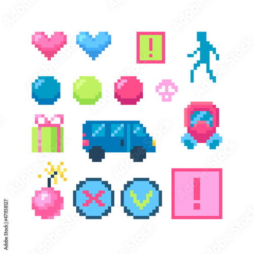 Set of game buttons in pixel art style.