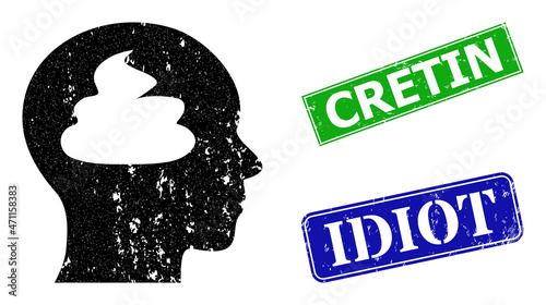 Grunge shit brain icon and rectangle corroded Cretin seal stamp. Vector green Cretin and blue Idiot watermarks with grunge rubber texture, designed for shit brain illustration.