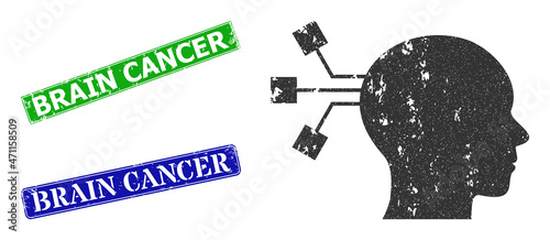 Grunge brain connection icon and rectangle dirty Brain Cancer seal. Vector green Brain Cancer and blue Brain Cancer seals with grunge rubber texture, designed for brain connection illustration.