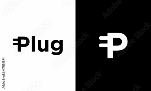 Initial letter P with power plug for technology business identity logotype concept. Electric energy brand logo design template.on a black and white background.