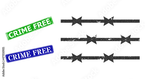 Grunge barbed wire fence icon and rectangle corroded Crime Free stamp. Vector green Crime Free and blue Crime Free watermarks with corroded rubber texture,