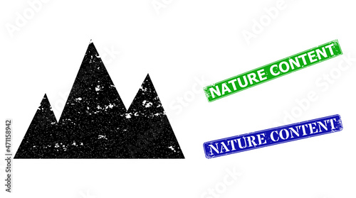 Grunge mountains icon and rectangle rubber Nature Content seal stamp. Vector green Nature Content and blue Nature Content watermarks with grunge rubber texture,
