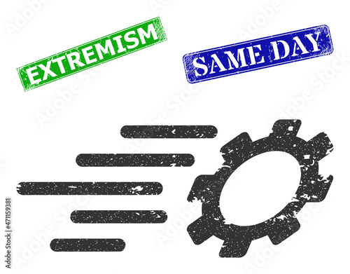 Grunge fast gear icon and rectangular rubber Extremism stamp. Vector green Extremism and blue Same Day watermarks with unclean rubber texture, designed for fast gear illustration.