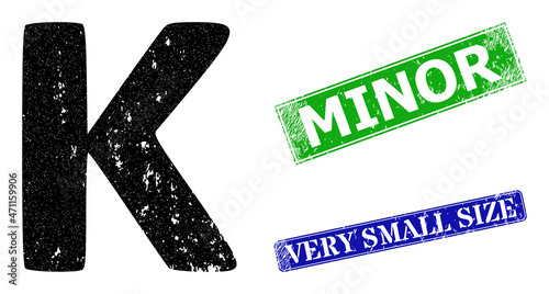 Grunge Kappa Greek lowercase symbol icon and rectangular rubber Minor stamp. Vector green Minor and blue Very Small Size imprints with corroded rubber texture,