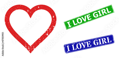 Grunge contour heart icon and rectangular rubber I Love Girl seal. Vector green I Love Girl and blue I Love Girl watermarks with distress rubber texture, designed for contour heart illustration.