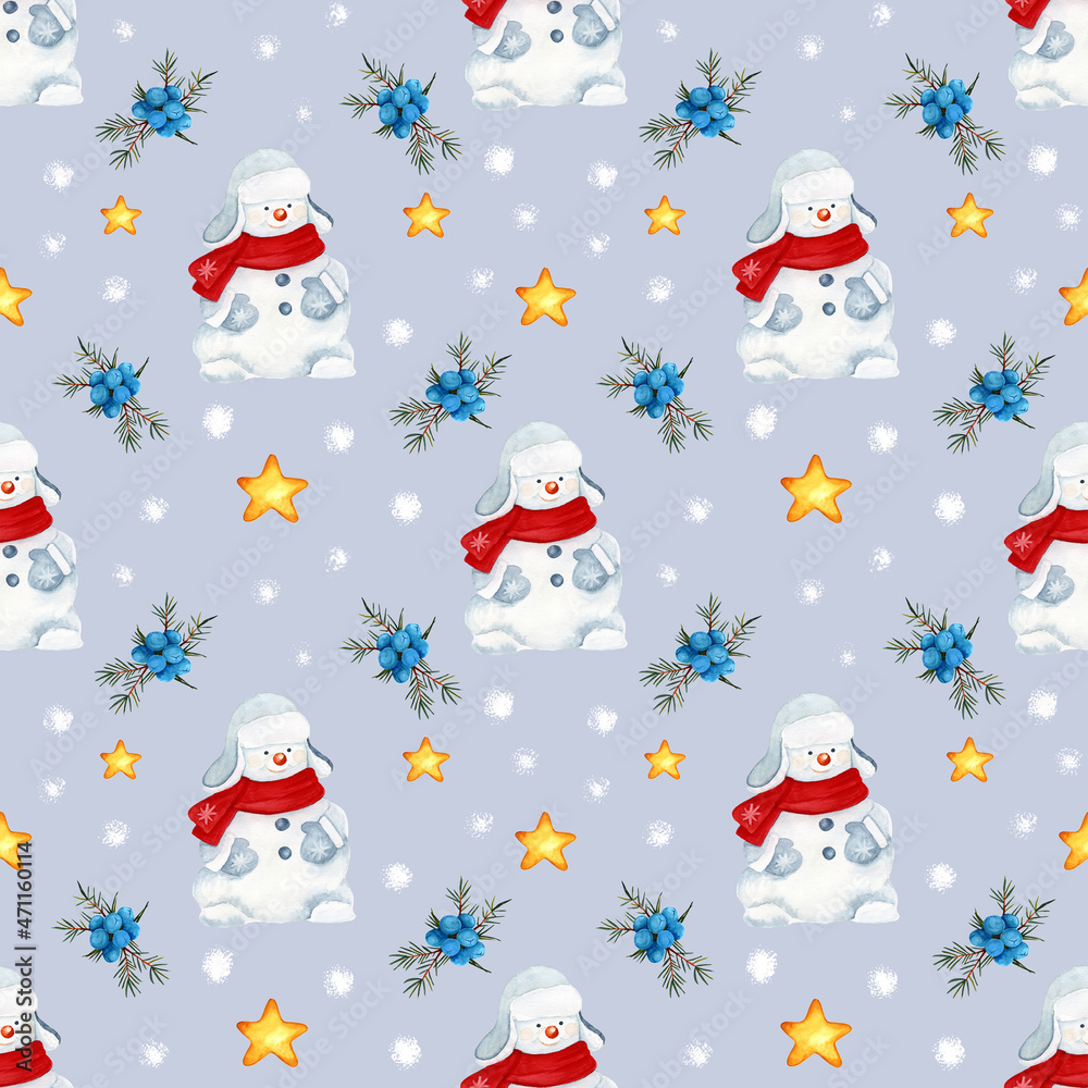 Watercolor New Year pattern with snowman and stars
