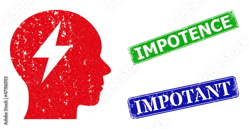 Grunge brainstorm icon and rectangle rubber Impotence seal. Vector green Impotence and blue Impotant watermarks with grunge rubber texture, designed for brainstorm illustration.