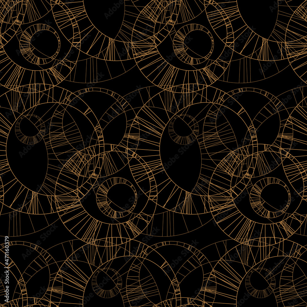 Abstract geometric seamless pattern. Rings, circles, rays. Gold lines on black background