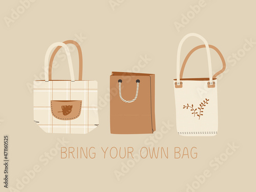 Bring your bag. Set of cute reusable shopping bags. Eco-friendly shopping bag. No plastic and a zero waste concept. Vector isolated cartoon illustrations.