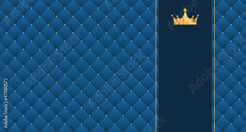 Navy blue seamless pattern in retro style with a gold crown. Can be used for premium royal party. Luxury template with vintage leather texture. Background for king and little prince. Invitation card photo