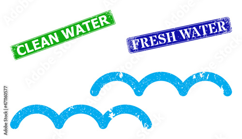 Grunge water surface icon and rectangle scratched Clean Water seal. Vector green Clean Water and blue Fresh Water imprints with scratched rubber texture, designed for water surface illustration.