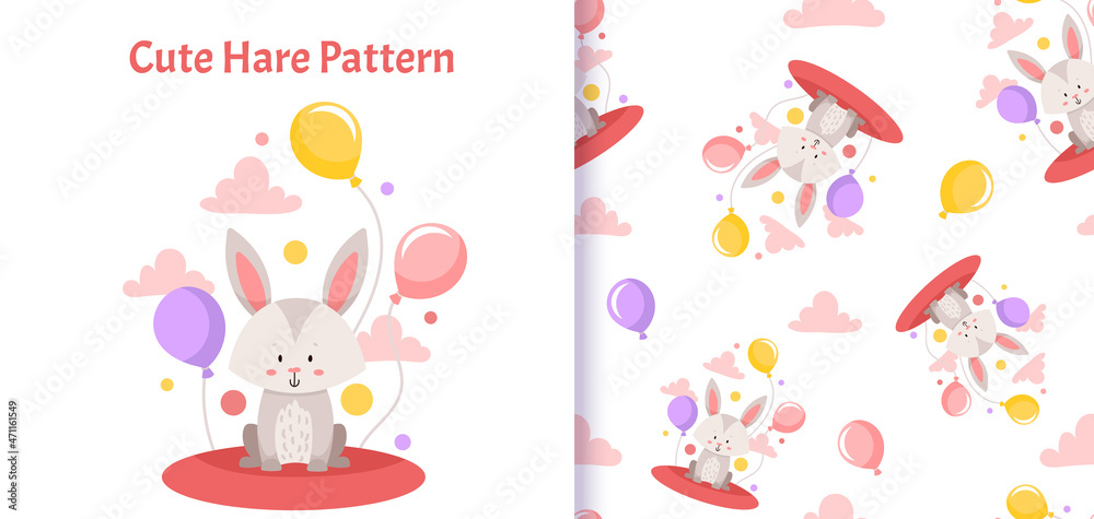Seamless pattern with cute Hare Bunny. Vector illustration for kids. Can be used for textiles print and gift wrapping Baby Shower. Seamless pattern with cute Hare Bunny. Vector illustration for kids. Can be used for textiles print and gift wrapping Baby Shower.