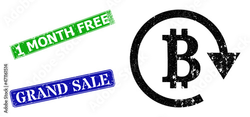 Grunge bitcoin repay icon and rectangle scratched 1 Month Free seal. Vector green 1 Month Free and blue Grand Sale seals with grunge rubber texture, designed for bitcoin repay illustration.