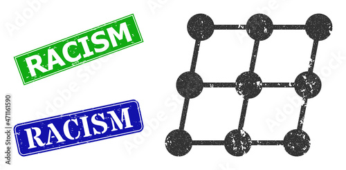 Grunge inclined grid nodes icon and rectangular dirty Racism stamp. Vector green Racism and blue Racism imprints with grunge rubber texture, designed for inclined grid nodes illustration.