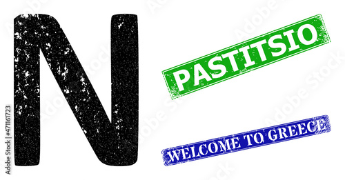 Grunge Nu Greek symbol icon and rectangular unclean Pastitsio seal. Vector green Pastitsio and blue Welcome to Greece watermarks with unclean rubber texture,