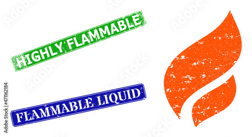Grunge flame icon and rectangular textured Highly Flammable seal stamp. Vector green Highly Flammable and blue Flammable Liquid imprints with grunge rubber texture,