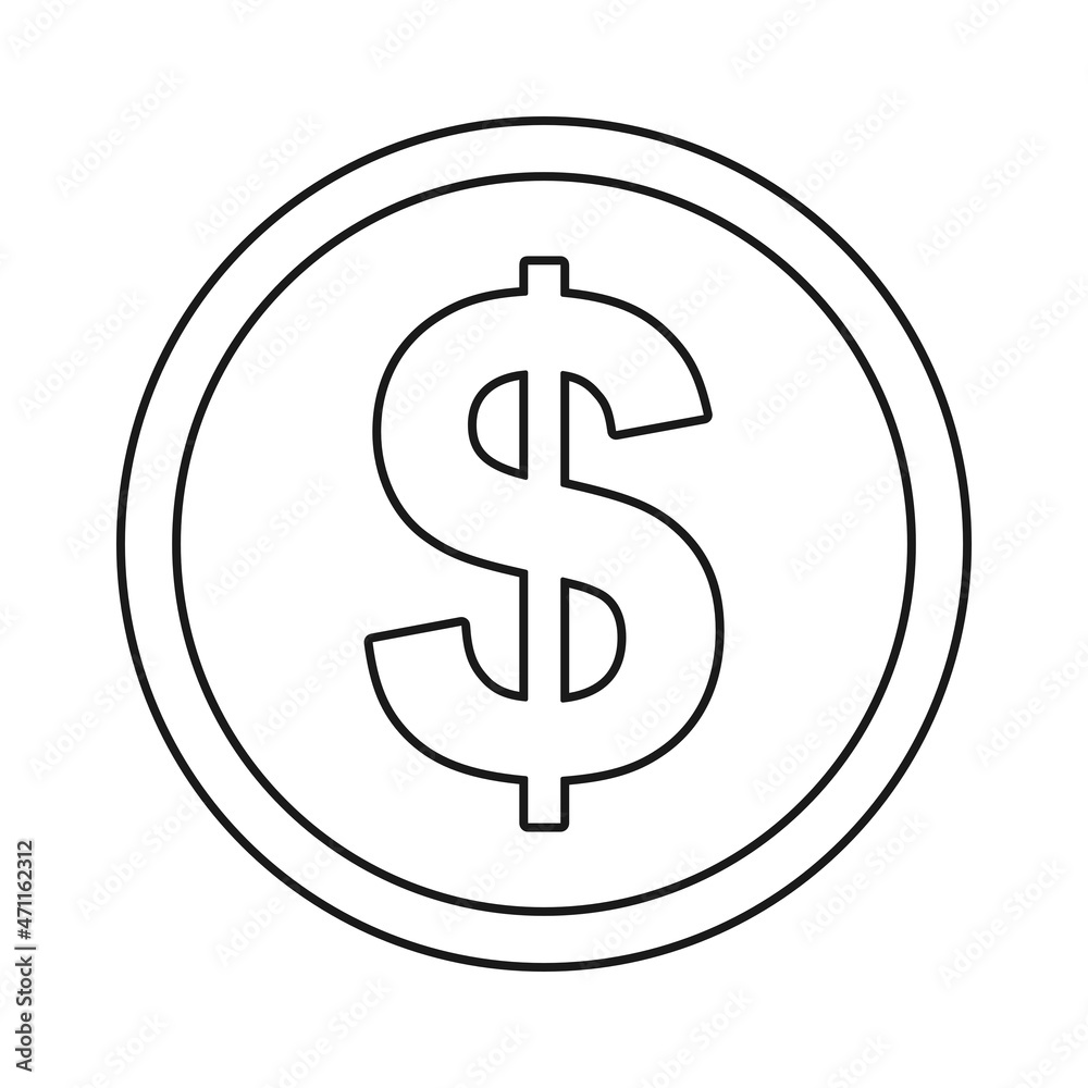 Coin with dollar symbol outline in vector icon Coin with dollar symbol outline in vector icon
