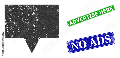 Grunge banner icon and rectangular corroded Advertise Here seal stamp. Vector green Advertise Here and blue No Ads seals with grunge rubber texture, designed for banner illustration.