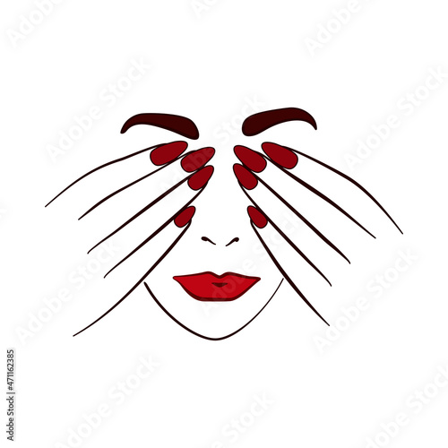 Woman's hands covering face with beautiful nails and lips for beauty concept in vector icon
