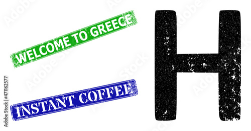 Grunge Eta Greek symbol icon and rectangle rubber Welcome to Greece seal stamp. Vector green Welcome to Greece and blue Instant Coffee imprints with grunge rubber texture,