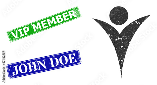 Grunge futuristic man icon and rectangular rubber Vip Member seal. Vector green Vip Member and blue John Doe imprints with scratched rubber texture, designed for futuristic man illustration.