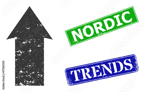 Grunge up direction icon and rectangular unclean Nordic stamp. Vector green Nordic and blue Trends seals with unclean rubber texture, designed for up direction illustration.