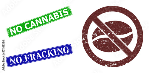 Grunge no caffeine icon and rectangle dirty No Cannabis stamp. Vector green No Cannabis and blue No Fracking seals with grunge rubber texture, designed for no caffeine illustration.