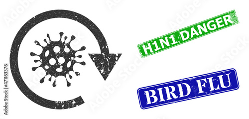 Grunge covid virus update icon and rectangle unclean H1N1 Danger seal stamp. Vector green H1N1 Danger and blue Bird Flu imprints with unclean rubber texture,