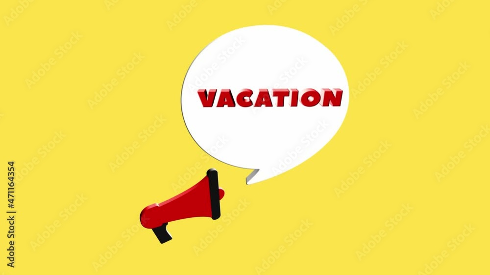 3d realistic style megaphone icon with text Vacation isolated on yellow background. Megaphone with speech bubble and vacation text on flat design. 4K video motion graphic 3d realistic style megaphone icon with text Vacation isolated on yellow background. Megaphone with speech bubble and vacation text on flat design. 4K video motion graphic