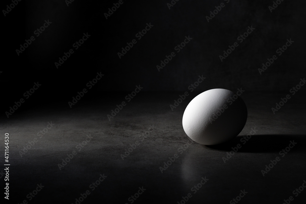Darkfood style scene with a white chicken egg isolated, with space available. Darkfood style scene with a white chicken egg isolated, with space available.