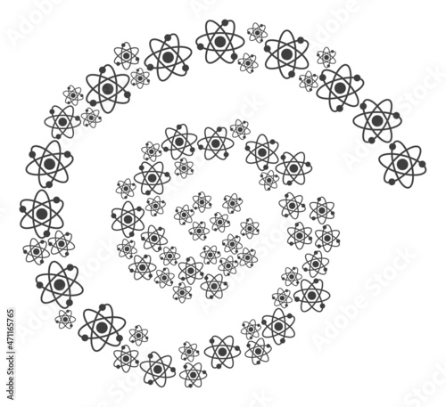 Atom electrons icon spiral collage. Atom electrons icons are scattered into curl design concept. Abstract curl is designed from randomized atom electrons icons.
