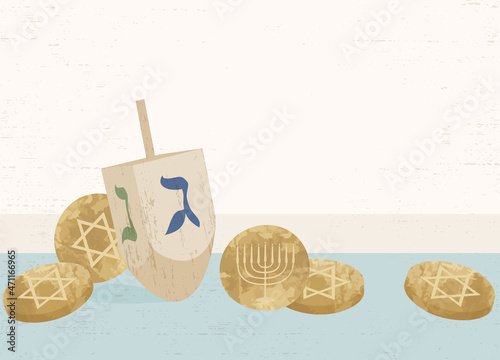 Принти на полотні A dreidel and gelt chocolate coins in a cut paper style with textures and copysp