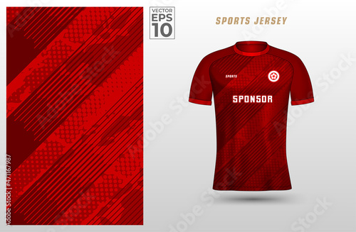 Red t-shirt sport design template with abstract line halftone pattern for soccer jersey. Sport uniform in front view. Tshirt mock up for sport club. Vector Illustration