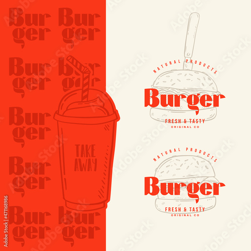 Vintage fast food logo set. Hand drawn burger logo.