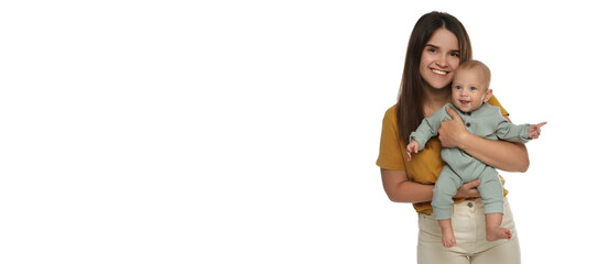 Beautiful mother with her cute baby on white background. Banner design
