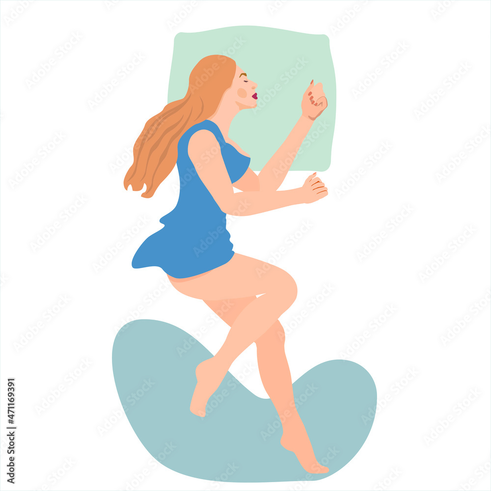 Beautiful woman sleeping in bed without a blanket. Female cartoon character lying in a comfortable poseon the side. Top view. Simple illustration in flat style.