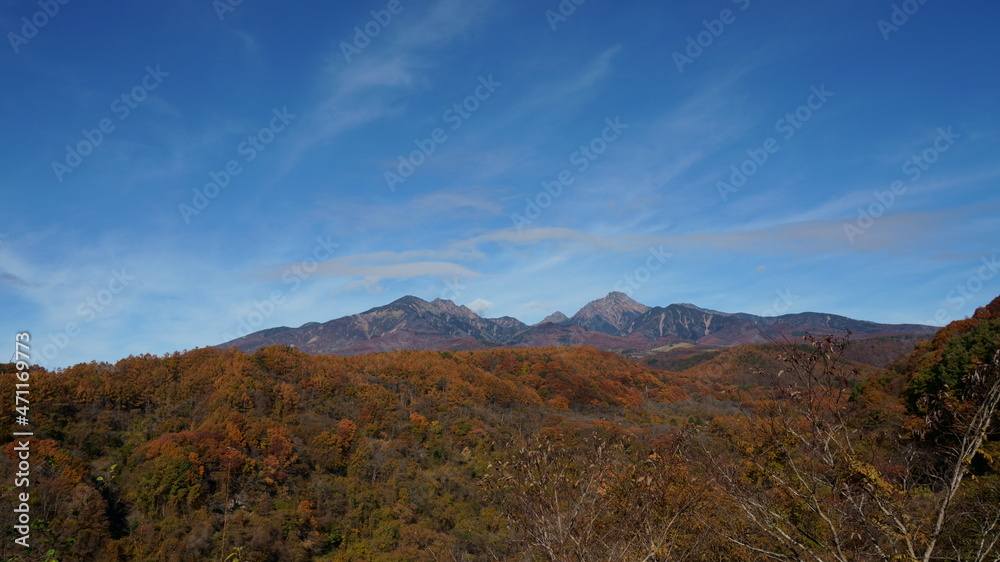 秋のカラフルな紅葉で覆われた山の風景　-日本、八ヶ岳、高原大橋