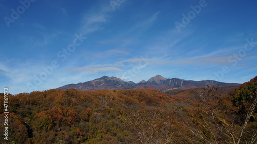 秋のカラフルな紅葉で覆われた山の風景 -日本、八ヶ岳、高原大橋