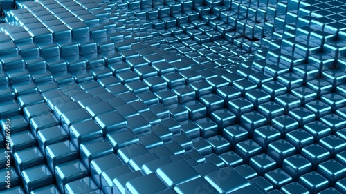 Abstract background with waves made of a lot of blue cubes geometry primitive forms that goes up and down under black-white lighting. 3D illustration. 3D CG. High resolution. © DRN Studio